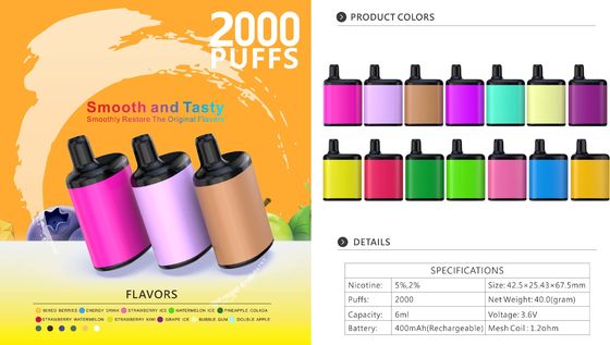 400Mah Rechargeable 2000 Puff Vape 6ml With Mesh Coil 1.2ohm