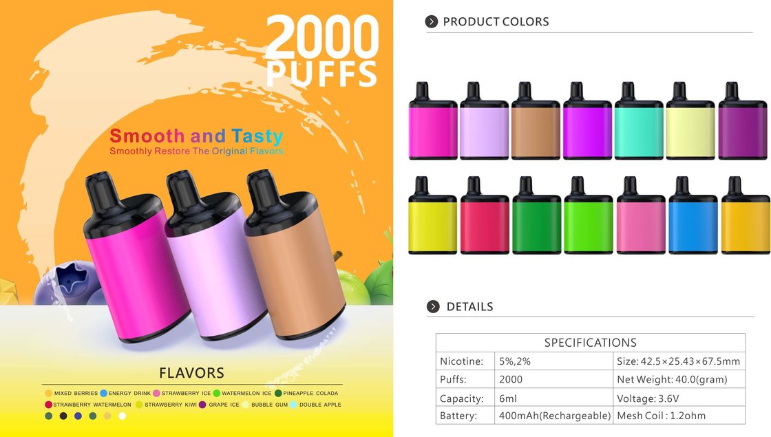 400Mah Rechargeable 2000 Puff Vape 6ml With Mesh Coil 1.2ohm